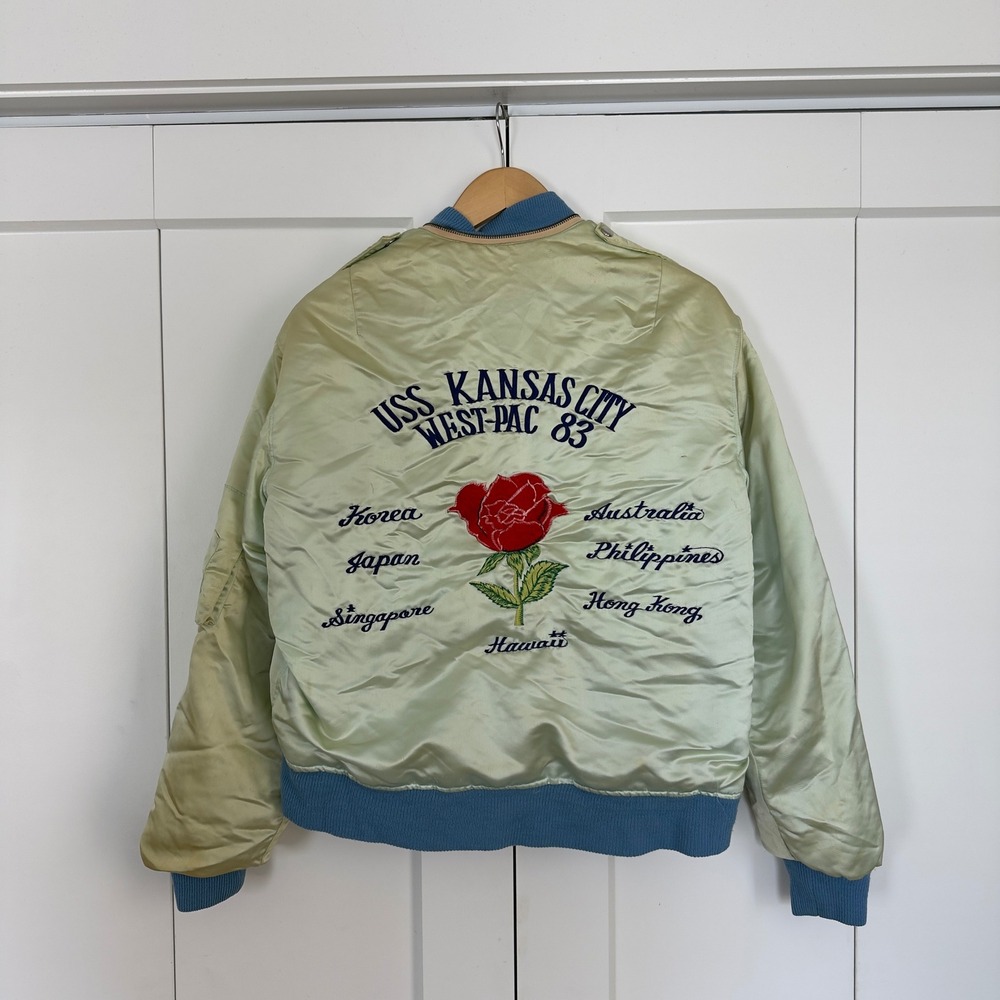 Vintage USS Kansas City West-Pac 83 Souvenir Jacket Medium Green 80s Duk Zipper